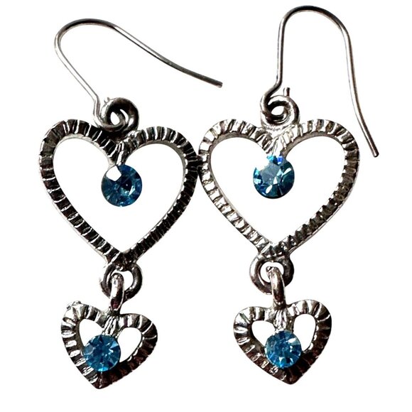Dainty Heart Dangle Earrings Sparkling Blue Rhinestone Sweet Romance Whimsy - Picture 4 of 6